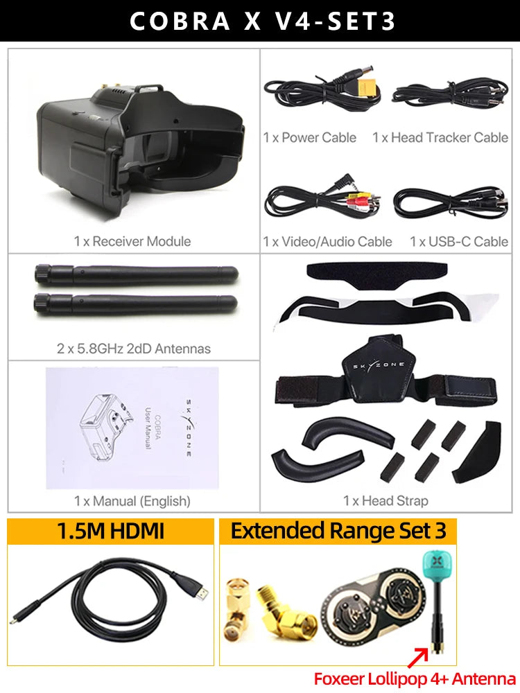 SKYZONE Cobra X V4 1280x720 Goggles 5.8G 48CH Receiver, Head Tracker, DVR With HDMI