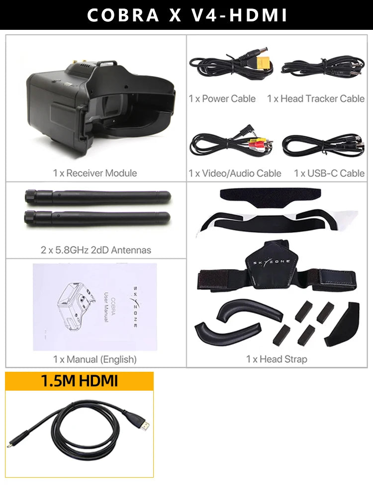 SKYZONE Cobra X V4 1280x720 Goggles 5.8G 48CH Receiver, Head Tracker, DVR With HDMI