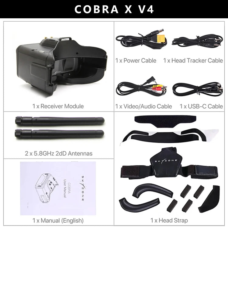 SKYZONE Cobra X V4 1280x720 Goggles 5.8G 48CH Receiver, Head Tracker, DVR With HDMI
