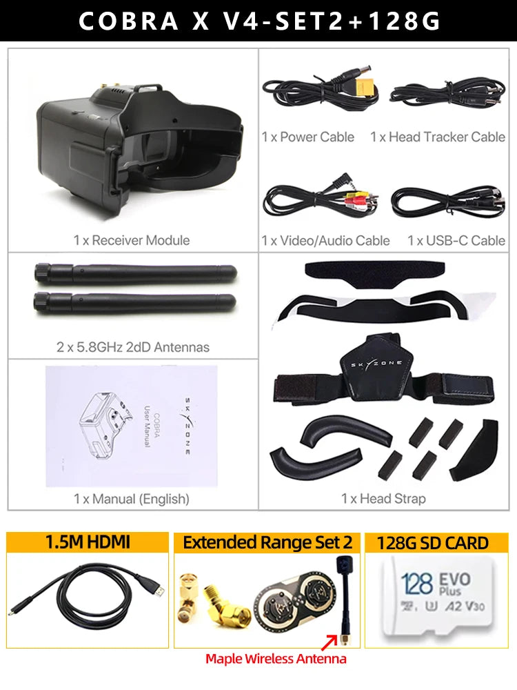 SKYZONE Cobra X V4 1280x720 Goggles 5.8G 48CH Receiver, Head Tracker, DVR With HDMI