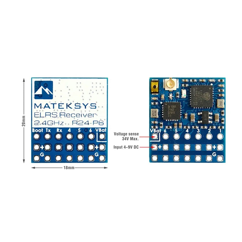 MATEKSYS ELRS R24-P6  2.4G 6CH PWM RECEIVER, VBAT Voltage Sense for RC Airplane, Fixed-Wing