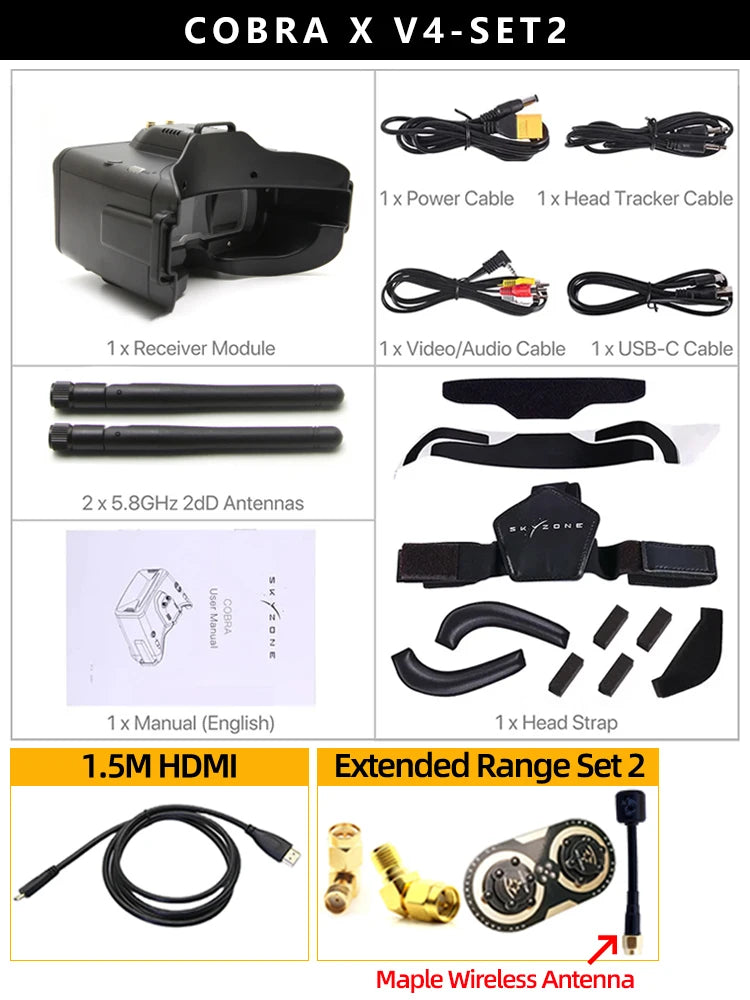 SKYZONE Cobra X V4 1280x720 Goggles 5.8G 48CH Receiver, Head Tracker, DVR With HDMI