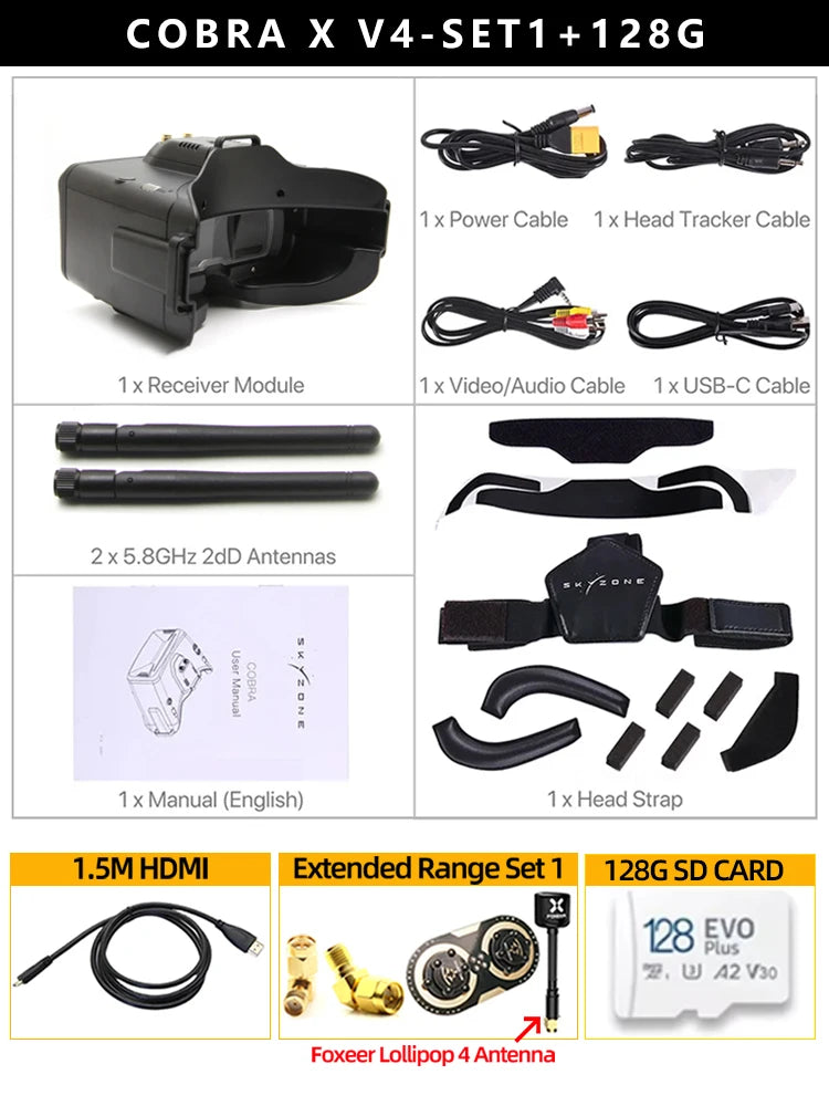 SKYZONE Cobra X V4 1280x720 Goggles 5.8G 48CH Receiver, Head Tracker, DVR With HDMI