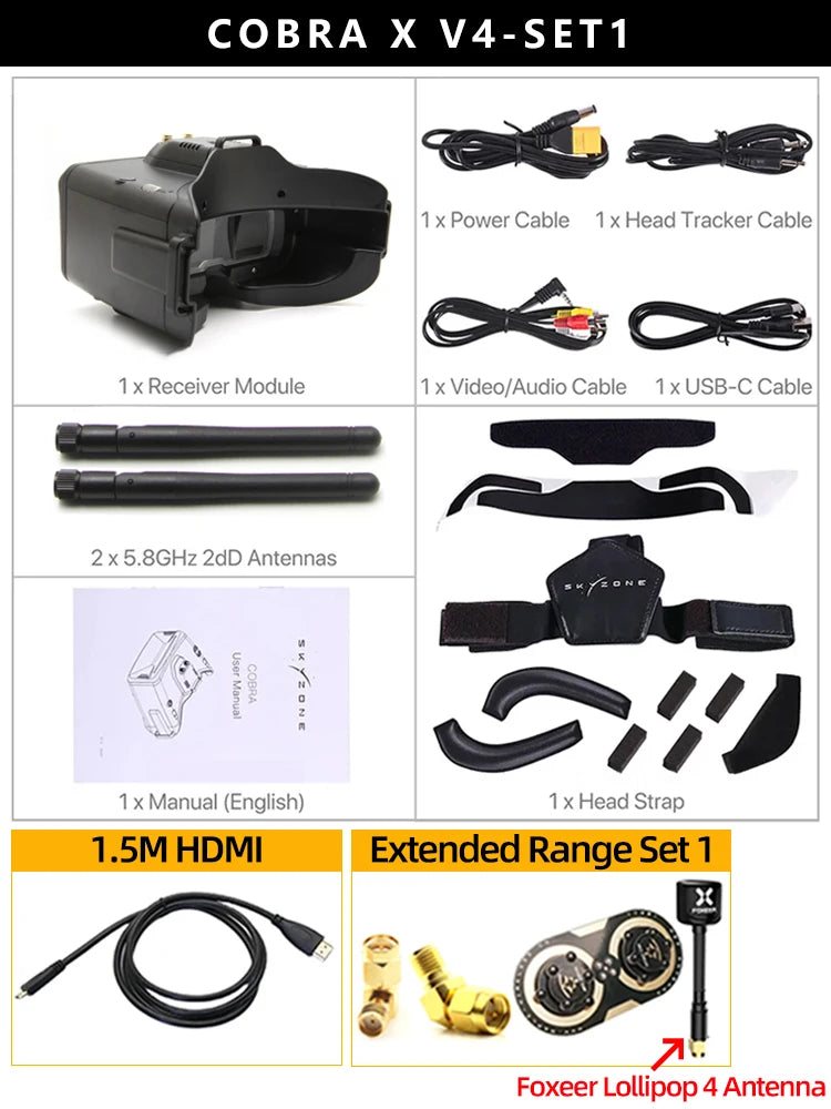 SKYZONE Cobra X V4 1280x720 Goggles 5.8G 48CH Receiver, Head Tracker, DVR With HDMI