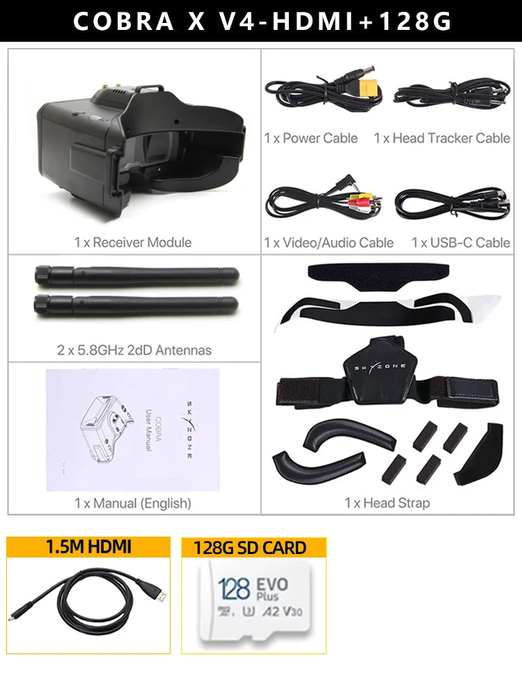 SKYZONE Cobra X V4 1280x720 Goggles 5.8G 48CH Receiver, Head Tracker, DVR With HDMI