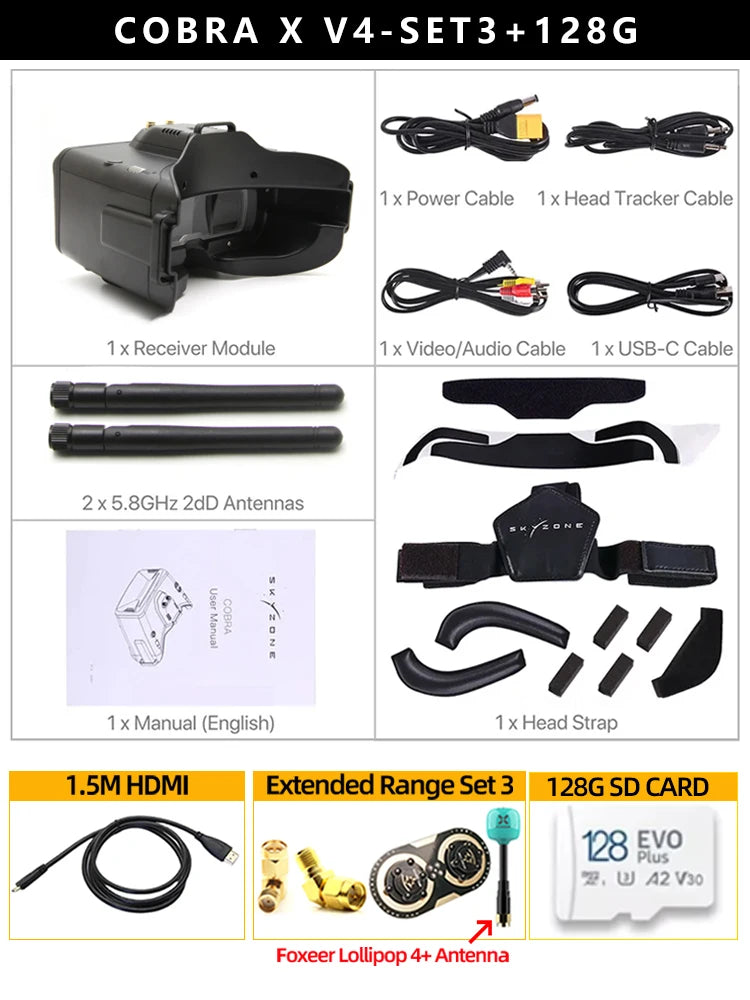 SKYZONE Cobra X V4 1280x720 Goggles 5.8G 48CH Receiver, Head Tracker, DVR With HDMI